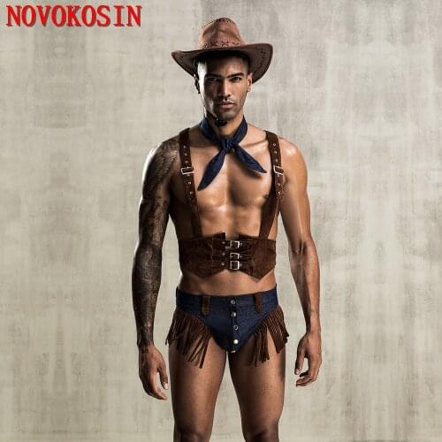 2020 European And American Men Fashion Cowboy Cosplay Costume Adjustable Strips Top Tee Tie With Panties Hat Sexy Lingerie Set