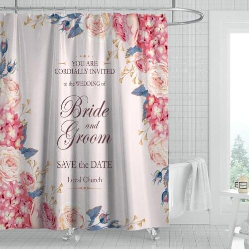 Pink Flowers with Bride and Groom Shower Curtain Set with 12 Hooks Bathroom Decoration