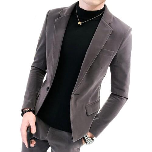 Autumn New Style Mens Suede Blazer Stylish Slim Fit Single Button Wedding Party 2 Pieces Jacket Suit Pants Trousers Coat Set