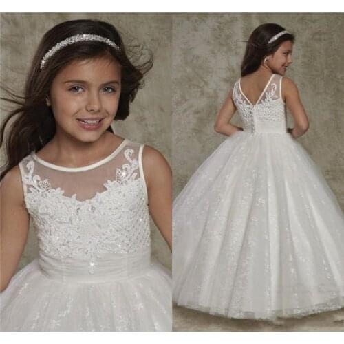 Flower Girls Dresses Lace Appliques Toddler Kid Little Girls Dresses Princess Button Back First Communion Dress Princess Gowns