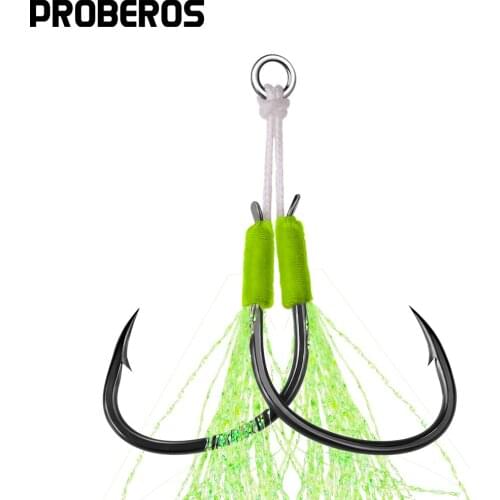 PROBEROS 2Set Slow Jig Assist Hooks 1/0 2/0 3/0 4/0 Metal Jigging Double Hook Carbon Steel Double Fishhook with PE Line Feather