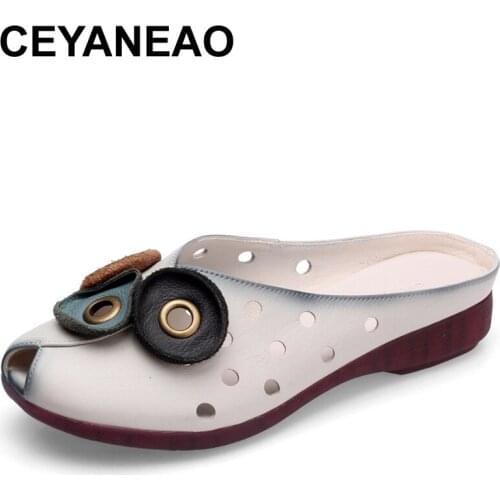 CEYANEAO2020 new genuine leather summer slippers women flat slides retro soft bottom fish mouth without lace women slippers size