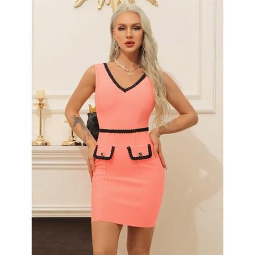 Rayon Bandage Dress Off The Shoulder V- Neck Pink Orange Mini Bodycon Women Dress Evening Party Dress
