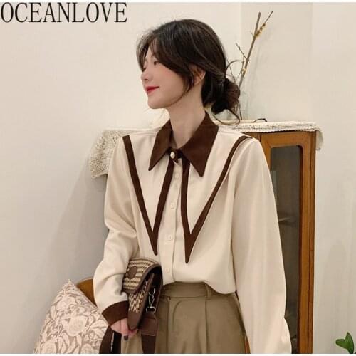 OCEANLOVE Spring Blusas Mujer 2021 Spring Turn-down Collar Vintage Blouses Women Tops Korean Ins Fashion Shirts Elegant
