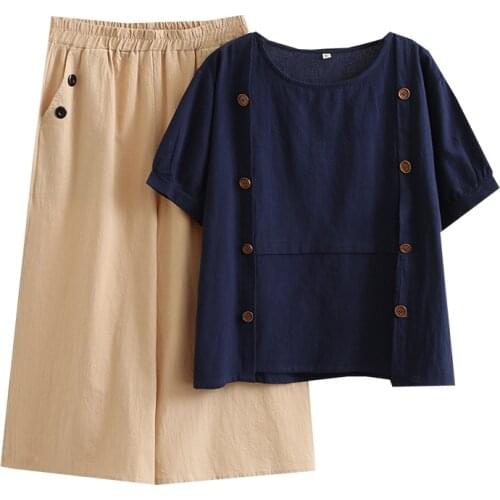Women Sets Plus Size Clothing 2021 Summer Casual Plus Size Button Decoration Tops And Capri Pants 2 Pieces Suits