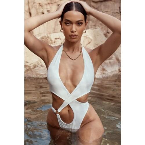 Ladies Swimsuit One-Piece Stitching Pure White Sexy V-Neck Senior Beach Vacation Temperament Swimsuit Party