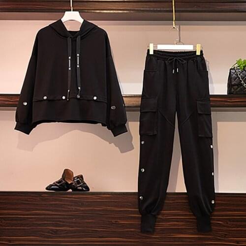 Plus Size 4XL 3XL Womens Casual Long Sleeves 2 Piece Sets 2021 Spring Femme Black Tracksuit Hoodies Top + Long Pant Clothes Suit