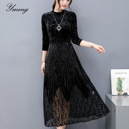 YMING Womens Fall Winter Long Sleeve Slim Waist Bottoming Turtleneck Gold Velvet Dress Pleated Dresses Womens Elegant Dress