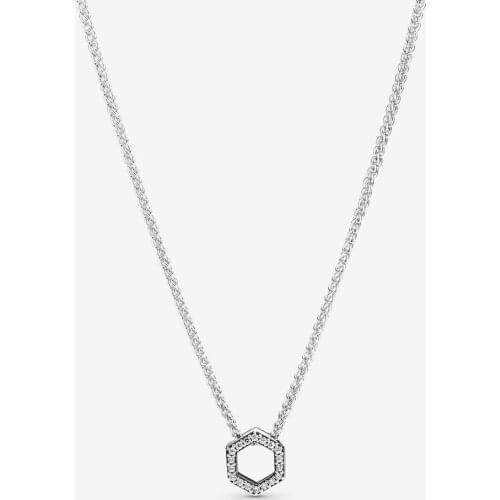 Genuine 925 Sterling Silver Sparkling Honeycomb Hexagon Collier Necklace for Women Fine Jewelry Necklaces & Pendants Colgantes