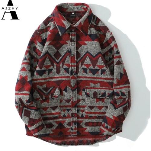 AJZHY Winter Warm Cashmere Flannel Shirt Men Long Sleeve Casual Streetwear Vintage Button Up National Geometric Retro Clothes