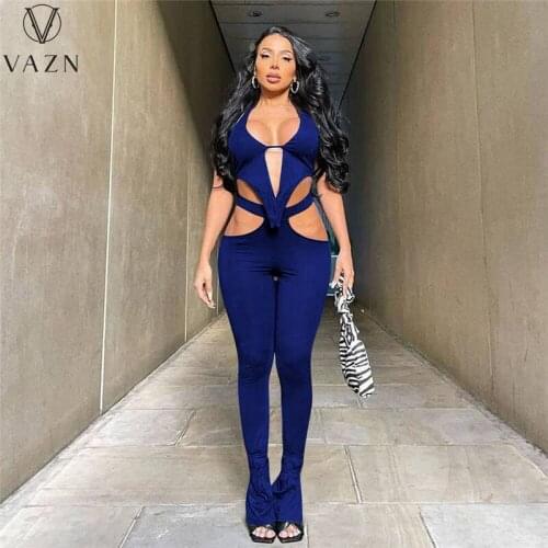 VAZN 2021 Top Quality Asymmetrical Set Young Sexy Club Open Halter Off Shoulder Hollow out Long Pencil Pants Women 2 Piece Set
