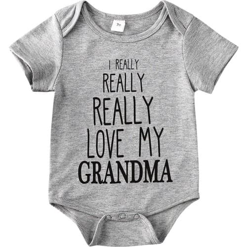 2020 New Summer 0-18M Newborn Baby Boys Girls LOVE MY GRANDMA Letter Print Short Sleeve Bodysuit Gray Infant Toddler Outfits