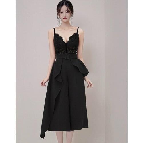 Black Lace Patchwork Spaghetti Strap Dress Ladies Deep V-neck Sleeveless Sexy Dresses for Women Corset Sheer Vintage Dress Woman