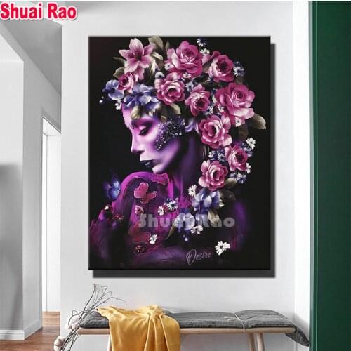 Flower Woman Diamond Painting Gothic Portrait For Full Square round Drill Mosaic Background 3D Stereo Wall Art Darkness Girl