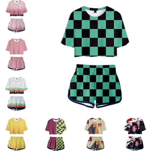 Demon Slayer Kimetsu no Yaiba Agatsuma Cosplay Costume Kamado Nezuko Uniform Cotton T-shirt Short with keychain Dress Sportswear