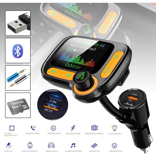 Bluetooth 5.0 FM Transmitter For Car With Dual USB Charging Ports(2.4A+QC3.0) Hands-Free 5A Fast Charger MP3 Player FM Modulator