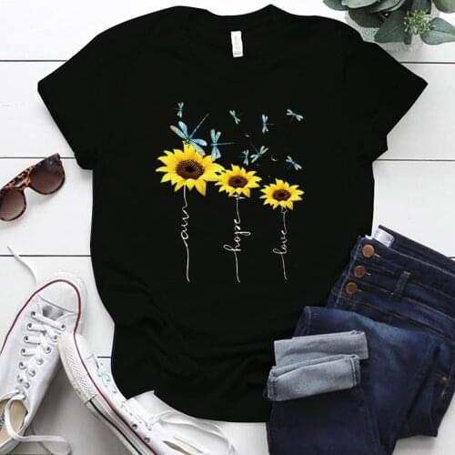 Seeyoushy Dragonfly Sunflower Print Kawaii Funny Women T-shirt Short Sleeve Round Necl Summer Tee Shirt Femme Camisetas De Mujer