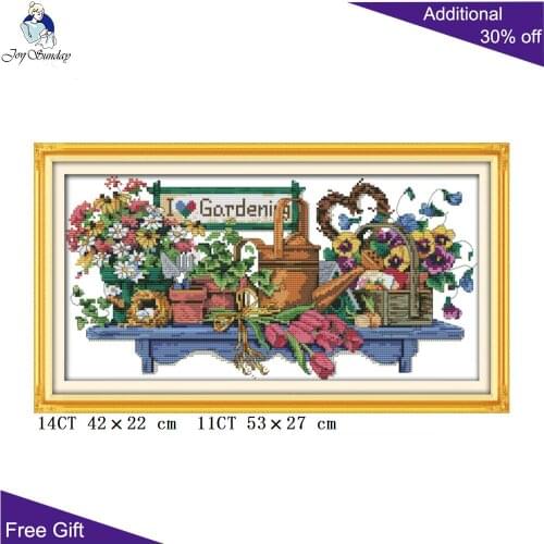 Joy Sunday I Love Gardening Cross Stitch J123 14CT 11CT Stamped and Counted Home Decoration Garden Flowers Cross Stitch Kits