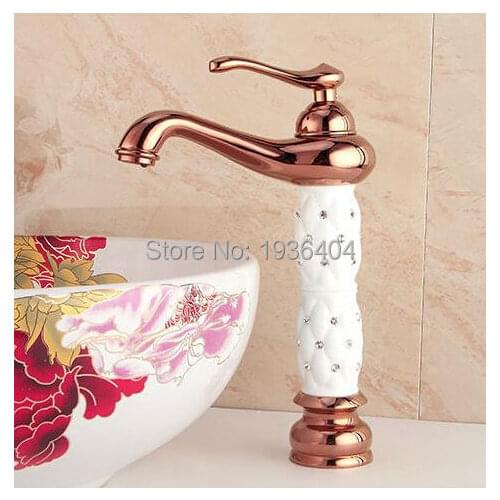 White Paint Golden Copper Taps Antique Rose basin faucet with diamond hot and cold deck mounte water faucet RS319
