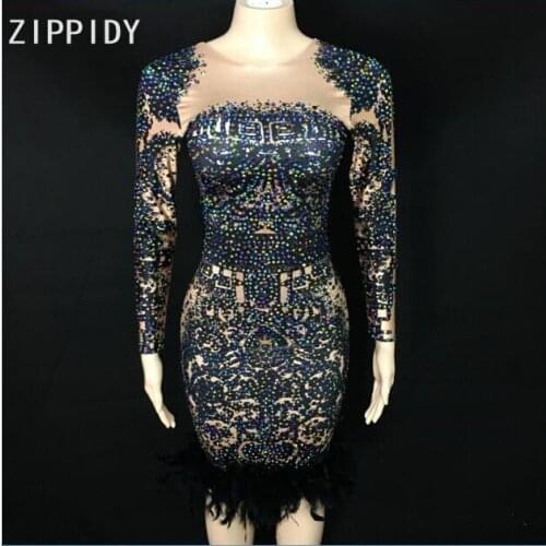 Fashion Bright Rhinestones Feather Spandex Dress Womens Celebrate Outfit Dress Nightclub Bar Women Singer Dance Show Dress