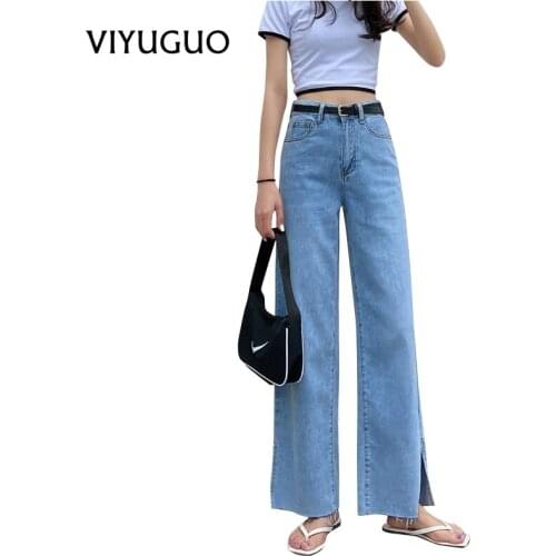 Fashion Split Denim Wide Leg Pants 2020 Summer new High Waisted Loose Drape Was Thin Jeans high quality Womens Blue Jeans