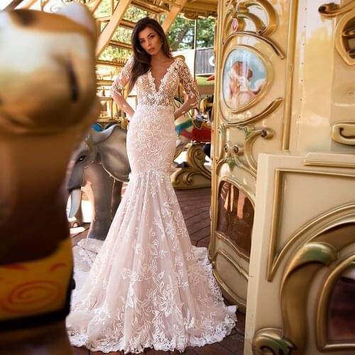New Arrive Long Sleeve Mermaid Wedding Dresses Vestido De Noiva Sereia Deep V-neck Backless Pearls Lace Sexy Trumpet Gowns