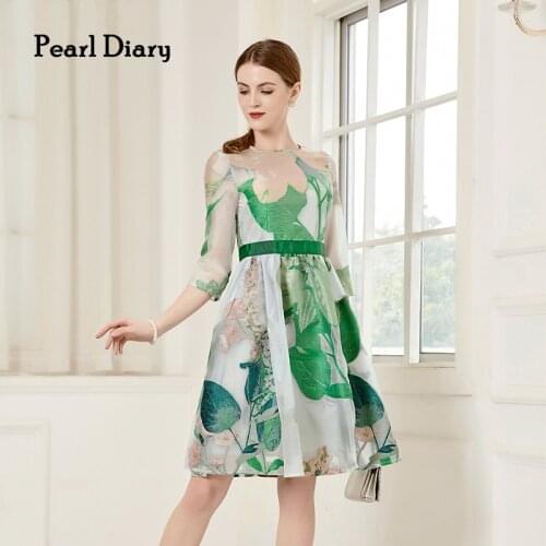 Pearl Diary Women Party Dress Green Floral Resort Style Elegant Dress French Style Office Lady Dress Slim Fit Print Dress
