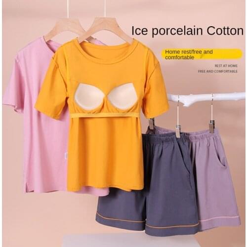Net red ice porcelain cotton short-sleeved shorts two-piece cotton pajamas womens summer cups with chest pads can be worn outsi