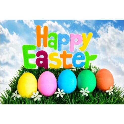 Professional Backdrops Happy Easter Eggs Sky Turf with Daisy Colorful Eggs Custom Children Photography Background with Backdrops