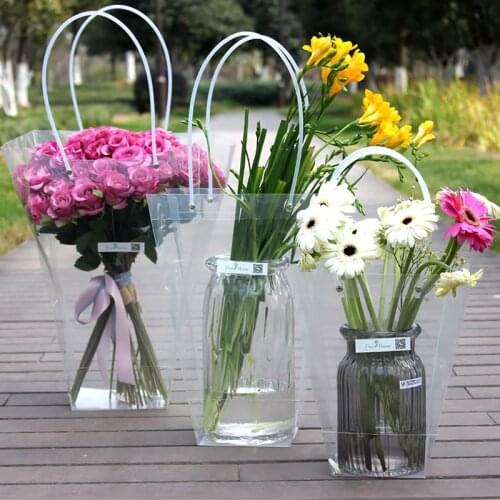 Transparent Flower Bag Flower Packing Box Gift Bags With Handle PVC Plastic Handbag Florist Supplies Square Trapezoid