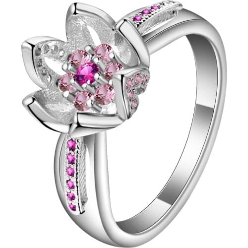 Seanlov New Collection Authentic Mystic Floral Flower Stackable Ring Pink CZ Crystal Silver Color Rings Jewelry