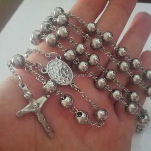 High Quality 8mm/ 6mm bead religious crucifix Cross Pendant Rosary Necklace 316L Stainless Steel Jewelry For Men