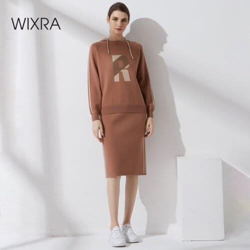 Wixra Women 2021 Autumn 2 Piece Set Knitted Pullover Letter Hooded+Elastic Waist Straight Slim Skirt Sweater Suits