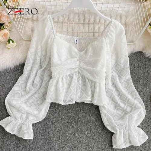 Spring Korean Women Square Collar Folds Lantern Sleeve Short Shirt Female Back Elasticity Slim Strapless Sexy Sweet Pullover Top