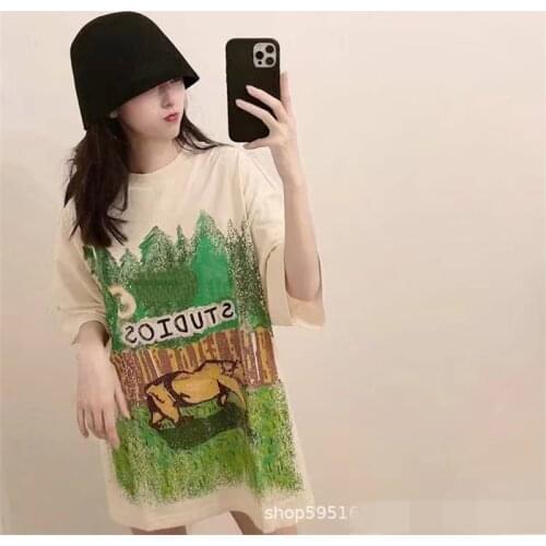 2021 New Summer Elegant Ladies T-shirt Animal Print Loose AC Style Female Tee Round Neck Casual High Quality Women Tops T96