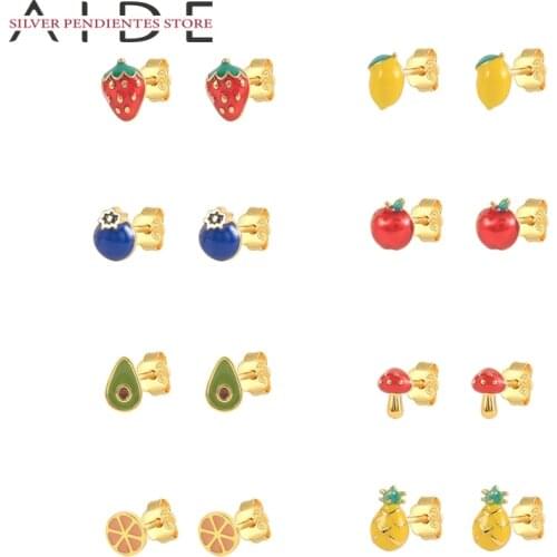 AIDE Exquisite 925 Sterling Silver Stud Earrings For Women Mini Mushroom Avocado Apple Strawberry Earrings Piercing Jewelry