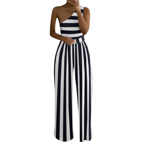 Women Jumpsuit Vertical Stripes Print Single Shoulder Slash Neck Rompers Wide Leg Elegant Jumpsuit Autumn monos mujer elegante