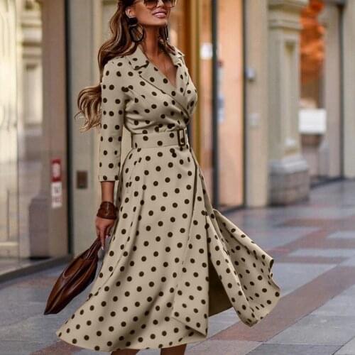 2021 Women Autumn Casual Split Long Dress Elegant Long Sleeve Wrap Office Lady Dress Spring Notched Collar Belted Party Dresses