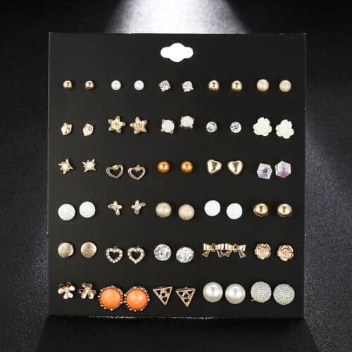 30Pairs/Lot Vintage Ball Metal Stud Earrings Set For Women Girls Jewelry High Quality Pearl Resin Crystal Brincos