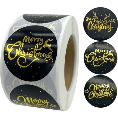 500 Pcs/Roll Merry Christmas Stickers Black Gold Round Stickers Box Package Label Sealing Custom Stickers Stationery Stickers