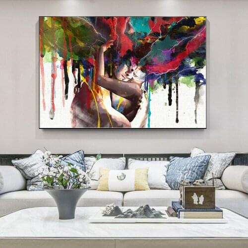 Abstract Couple Hugging Together Love Kiss Oil Painting on Canvas Posters and Prints Cuadros Wall Art Pictures For Living Room