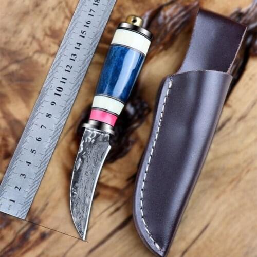Free shipping Outdoor hand forged Damascus steel copper head handle camping survival small cutlass portable hunting knife