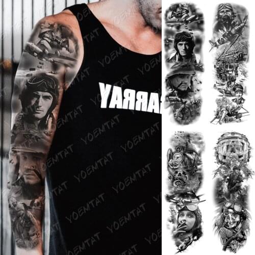 Large Arm Sleeve Tattoo Airplane soldier Pilot Waterproof Temporary Tatto Sticker Sailing Compass Body Art Full Fake Tatoo Men