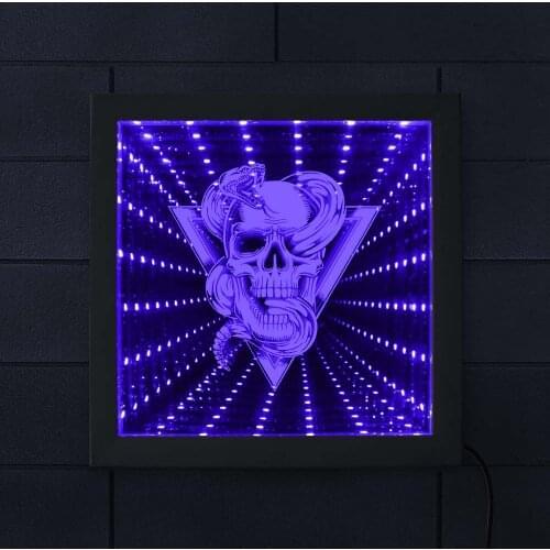 Skull With Rattlesnake Animated Neon Light Mesmerizing Illusion Wood Frame Tunnel Lamp Skull With Snake Infinity Mirror Frame