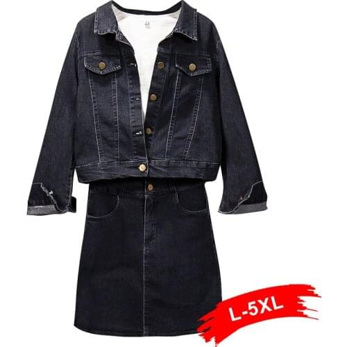 Black Plus Size Harajuku Denim Coats+short Mini Skirts 2 Pieces Sets 6XL Girl Streetwear Bomber Jeans Jackets+skirt Club Wear