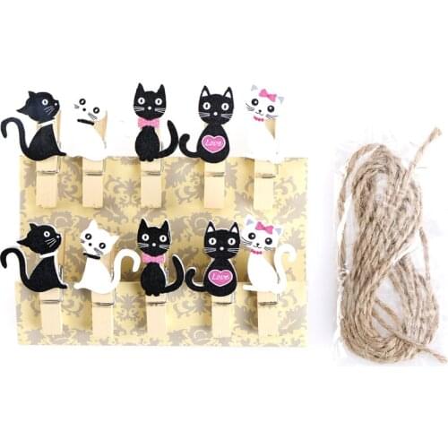 10pcs Japanese Cat Wooden Clips With Hemp Rope Mini Nice Food Clip Kawaii Wood Paper Clip For Bag Students' DIY Tools