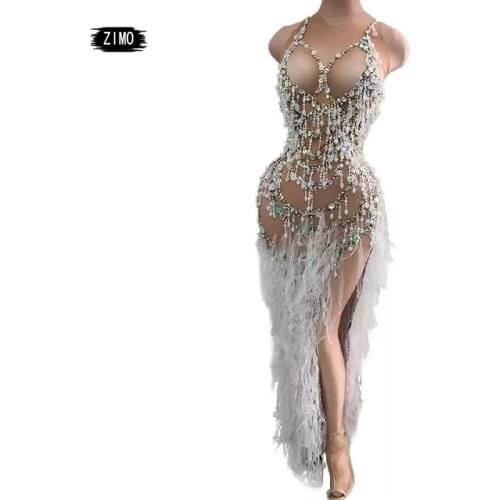 Pearl Tassel Mesh long Dress Women Singer Prom Birthday Celebration High Split Evening Party Crystal Perspective Dresses wedding