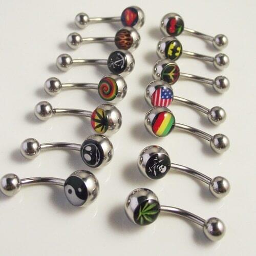 LOGO Printed Peace Leaf Skull Cross Cherry Steel 14g Double Belly Button Navel Rings Belly Piercing Body Jewelry New