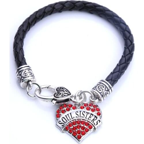Best Selling New Arrival hodium plated with sparkling crystals SOUL SISTERS heart pendant bracelet rope chain Drop Shipping
