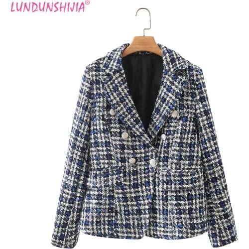 LUNDUNSHIJIA 2021 New Spring Autumn Fashion Short Female Woolen Outwear Jackets Ladies Navy Blue Patchwork Suit Femme